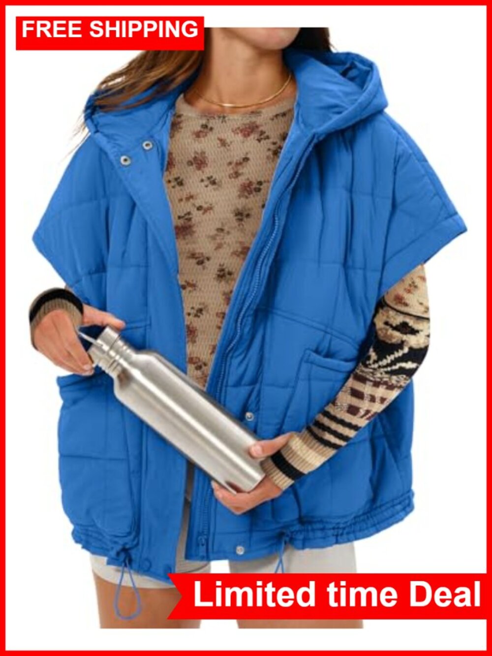 Oversized Quilted Puffer Vest Hooded Zip Front Nylon Winter Outerwear